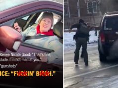 Democratas ‘imprudentes’ criticados por postar um retrato distorcido do tiro fatal de Renee Nicole Good pelo agente do ICE Filmagem de Renee Nicole Good em um carro com sobreposição de texto de suas últimas palavras e som de tiros.