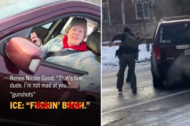 Democratas 'imprudentes' criticados por postar um retrato distorcido do tiro Filmagem de Renee Nicole Good em um carro com sobreposição de texto de suas últimas palavras e som de tiros.