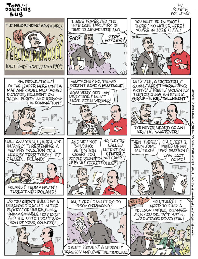 Desenho animado: Tom, o inseto dançarino, apresenta Percival Dunwoody, o idiota viajante do tempo de 1909
