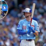 O jogador do Pittsburgh Pirates, PJ Higgins, usando capacete azul e branco e camisa azul claro, segurando um taco.