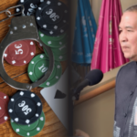 Dez parlamentares tailandeses expostos em escândalo sobre jogos de azar online e redes fraudulentas. Algemas apoiadas em fichas de pôquer de cassino ao lado de um funcionário do governo tailandês falando em um pódio, ilustrando uma investigação de corrupção em jogos de azar.