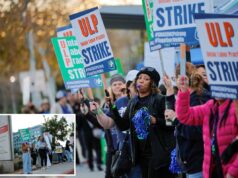 Dezenas de milhares de profissionais de saúde em greve na Califórnia começam a abandonar o emprego à medida que o caos nos hospitais se aproxima Pessoas protestando com cartazes que diziam