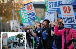 Dezenas de milhares de profissionais de saúde em greve na Califórnia começam a abandonar o emprego à medida que o caos nos hospitais se aproxima Pessoas protestando com cartazes que diziam