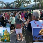 Os visitantes do Disney California Adventure fazem fila para entrar no Oogie Boogie Bash, uma festa de Halloween da Disney.