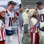 Drake Maye (r.) abraça sua esposa Ann Michael Maye (l.) após a vitória do Patriots no AFC Championship em Denver em 25 de janeiro de 2026.