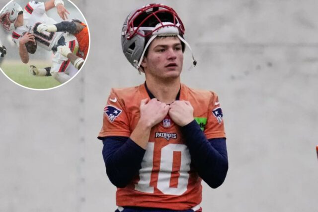 O quarterback do New England Patriots, Drake Maye, de uniforme e capacete na cabeça.