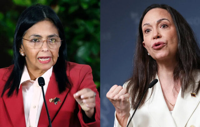 A vice-presidente da Venezuela, Delcy Rodriguez, à esquerda, e a ganhadora do Prêmio Nobel da Paz e líder da oposição venezuelana, Maria Corina Machado, são vistas em uma imagem combinada.