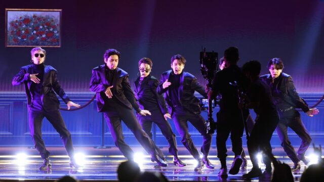 LAS VEGAS, NEVADA - APRIL 03: (L-R) RM, V, Jimin, Jungkook and Suga of BTS perform onstage during the 64th Annual GRAMMY Awards at MGM Grand Garden Arena on April 03, 2022 in Las Vegas, Nevada. (Photo by Rich Fury/Getty Images for The Recording Academy)