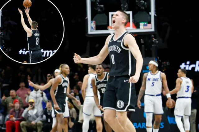 Egor Dëmin, do Nets, continua mostrando que foi feito para O armador do Brooklyn Nets, Egor Demin (8), reage ao forçar a prorrogação com esta cesta de três pontos durante o segundo tempo, quando o Brooklyn Nets jogou contra o Orlando Magic na quarta-feira, 7 de janeiro de 2026