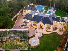 Elites gastando centenas de milhares de dólares em aluguéis de mansões de última hora no Super Bowl 60 Uma vista aérea de uma luxuosa casa moderna com várias varandas e terraços cercados por colinas verdejantes, com putting green e áreas para refeições ao ar livre.