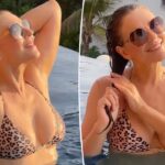 Elizabeth Hurley, 60, modela um biquíni pequenininho com estampa de chita de sua própria linha de moda praia