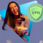 Um escudo VPN roxo cercado por banners rotulados como 'Mito' e 'Fato', com marcas de seleção e símbolos X ao redor.