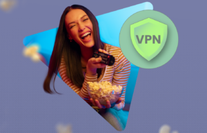 Encontrei um truque de VPN que resolve minha maior frustração com streaming Um escudo VPN roxo cercado por banners rotulados como 'Mito' e 'Fato', com marcas de seleção e símbolos X ao redor.