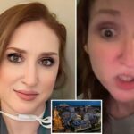 Uma enfermeira vestindo uma bata médica e uma máscara branca amarrada no pescoço.