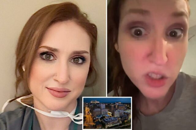 Enfermeira desequilibrada da Virgínia que incentivou colegas a injetar droga Uma enfermeira vestindo uma bata médica e uma máscara branca amarrada no pescoço.