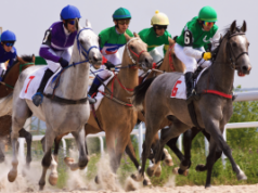 Entain anuncia que encerrará o patrocínio da Coral Cup após 52 anos Entain anuncia que encerrará o patrocínio da Coral Cup após 52 anos. Um grupo de jóqueis em sedas coloridas de corrida montam cavalos galopando juntos durante uma corrida de cavalos, com poeira levantando da pista enquanto eles fazem uma curva.