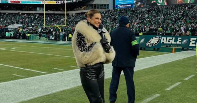 Erin Andrews usa outro casaco de pele durante o jogo do campeonato NFC após momento viral