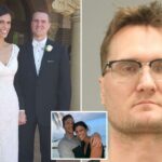 Um homem e uma mulher, Spencer e Monique Tepe, se abraçam e sorriem para a câmera com palmeiras e água ao fundo.