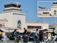 Este aeroporto da Califórnia pode ser o local da próxima grande colisão aérea, alertam as companhias aéreas NTSB Pessoas e carros perto do terminal do Aeroporto Hollywood Burbank, com a torre de controle de tráfego aéreo ao fundo.