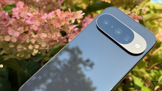 Google Pixel 10 encostado em algumas flores cor de rosa