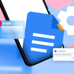 Ícone do Google Docs sendo revelado por um pano azul, cercado por um ícone de microfone vermelho, uma tag de usuário de tela inteligente e o logotipo do Planilhas Google.