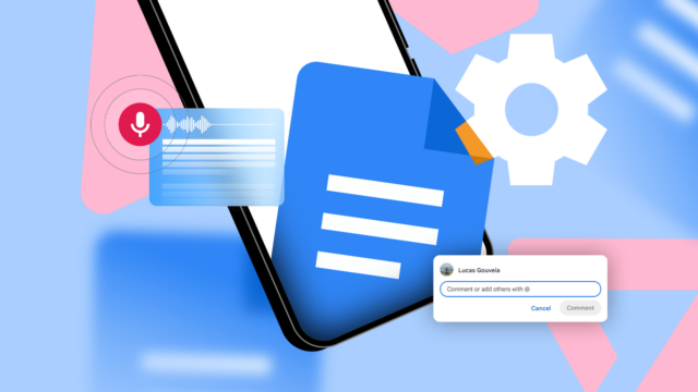 Ícone do Google Docs sendo revelado por um pano azul, cercado por um ícone de microfone vermelho, uma tag de usuário de tela inteligente e o logotipo do Planilhas Google.