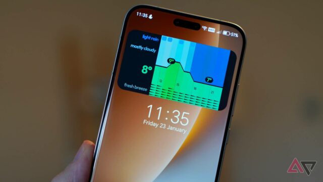 Uma mulher verificando seu telefone cercada por widgets meteorológicos flutuantes que exibem avisos de temperatura e qualidade do ar em um fundo vermelho.