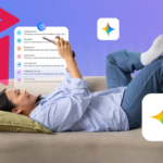 Uma mulher sentada em um sofá usando o telefone, cercada pelos logotipos do Gmail, Drive, Docs, YouTube e Gemini.