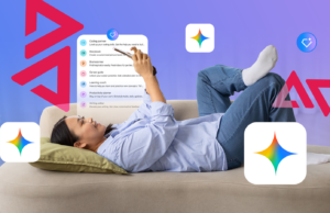 Eu uso o Gemini quando estou entediado – e é melhor do que rolar a destruição Uma mulher sentada em um sofá usando o telefone, cercada pelos logotipos do Gmail, Drive, Docs, YouTube e Gemini.