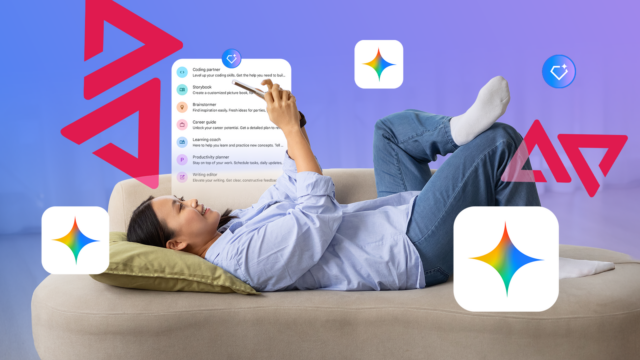 Uma mulher sentada em um sofá usando o telefone, cercada pelos logotipos do Gmail, Drive, Docs, YouTube e Gemini.