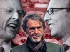 Exclusivo: o Man United atingiu o marco indesejado de £ 1 bilhão enquanto os Glazers sobrecarregam Sir Jim Ratcliffe com um novo problema de estádio Uma visão detalhada de um garfo do diabo com os rostos dos proprietários do Manchester United, Avram Glazer, Jim Ratcliffe, Joel Glazer e Malcolm Glazer, enquanto torcedores protestavam do lado de fora do estádio antes da partida da Premier League entre Manchester United FC e Aston Villa FC, em Old Trafford, em 25 de maio de 2025