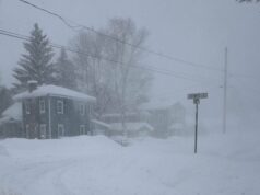 ‘Explosão perigosa no Ártico’: EUA se preparam para gelo e neve em uma tempestade congelante monstruosa Ventos fortes levantam neve em Lowville, Nova York, na sexta-feira