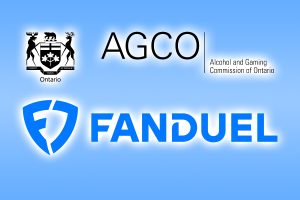 FanDuel multado em US$ 350.000 pelo regulador de Ontário por FanDuel multado pela AGCO em investigação de manipulação de resultados em Ontário. Logotipos AGCO e FanDuel contra um fundo azul