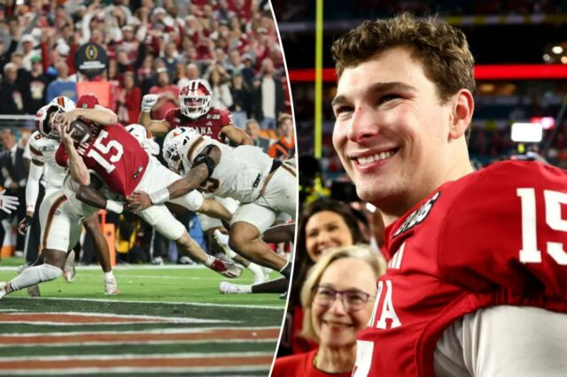 Fernando Mendoza, nº 15 do Indiana Hoosiers, comemora após derrotar o Miami Hurricanes por 27 a 21 no Campeonato Nacional de Playoff de Futebol Universitário de 2026 no Hard Rock Stadium em 19 de janeiro de 2026 em Miami Gardens, Flórida. 
