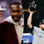 O gerente geral do Minnesota Vikings, Kwesi Adofo-Mensah, à direita, fala com o quarterback JJ McCarthy.