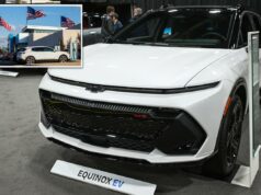 GM faz recall de mais de 80.000 veículos Chevy devido a defeito no sistema de som de alerta de pedestres, citando sério risco Um Chevrolet Equinox EV 2025 branco em exibição.