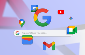 Google pode se tornar um ‘aplicativo para tudo’ Um cérebro azul cercado por ícones do Google, Fotos, YouTube e Gmail, com um escudo de alerta vermelho em primeiro plano.