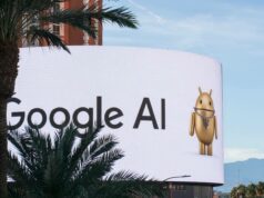 Google turbina visões gerais de IA com Gemini 3 Um outdoor LCD com as palavras Google AI e o mascote do Android
