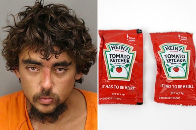 Austin Simmons foi preso em um terminal rodoviário da Flórida por supostamente atacar um transeunte com um pacote de ketchup.