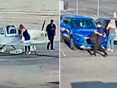 Homem drogado com metanfetamina tenta sequestrar avião no aeroporto de SoCal Duas pessoas ao lado de um pequeno avião branco num campo de aviação.