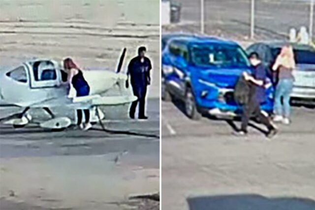 Duas pessoas ao lado de um pequeno avião branco num campo de aviação.