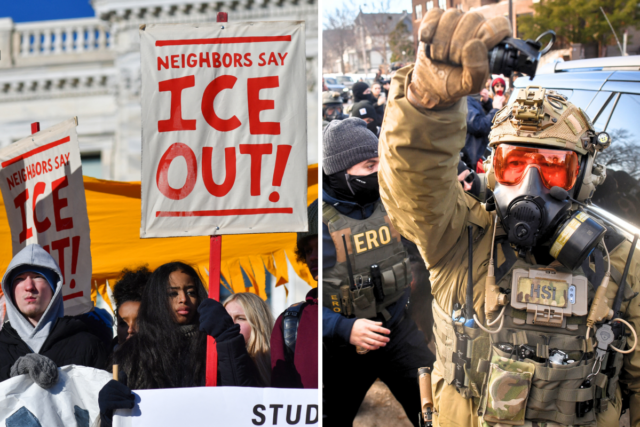 High school students protest against ICE outside the State Capitol in St. Paul, Minnesota, on January 14, 2026 and ICE and other federal agents respond to protestors as they operate in a residential neighborhood in Minneapolis, Minnesota, on January 13, 2026