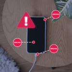 Uma mão segurando um smartphone com um ícone de bateria fraca no centro.