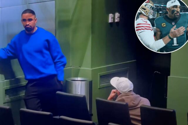 O quarterback do San Francisco 49ers, Brock Purdy, e o quarterback do Philadelphia Eagles, Jalen Hurts, falam após um jogo da NFC Wild Card Round.