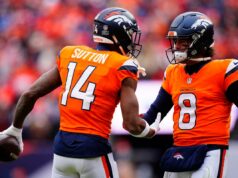 Jarrett Stidham faz declaração antecipada no Campeonato AFC com o Broncos TD O quarterback do Broncos, Jarrett Stidham, lança um passe contra os Patriots no jogo do Campeonato AFC em 25 de janeiro de 2026.