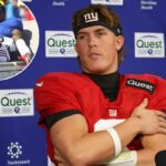 O quarterback do New York Giants, Jaxson Dart (6), fala em uma entrevista coletiva quando o New York Giants treinou na quarta-feira, 31 de dezembro de 2025.