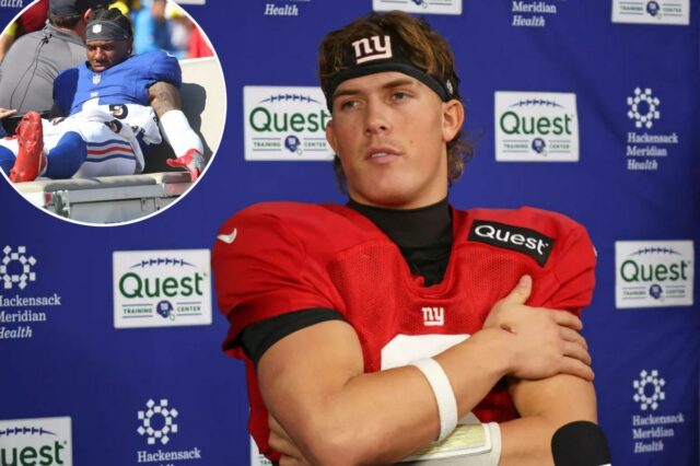 O quarterback do New York Giants, Jaxson Dart (6), fala em uma entrevista coletiva quando o New York Giants treinou na quarta-feira, 31 de dezembro de 2025.