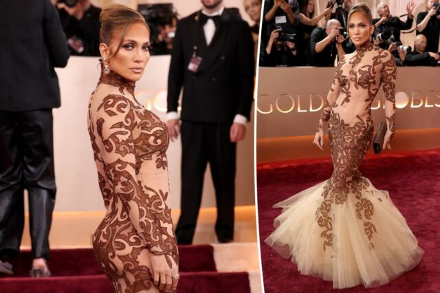 Jennifer Lopez exibe curvas sérias em um vestido de sereia transparente no tapete vermelho do Globo de Ouro de 2026
