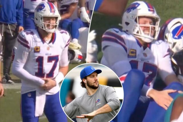 Josh Allen se aquece antes do jogo AFC Wild Card Playoff.