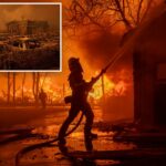 Os bombeiros lutam contra o incêndio Palisades enquanto ele queima em Los Angeles, Califórnia.